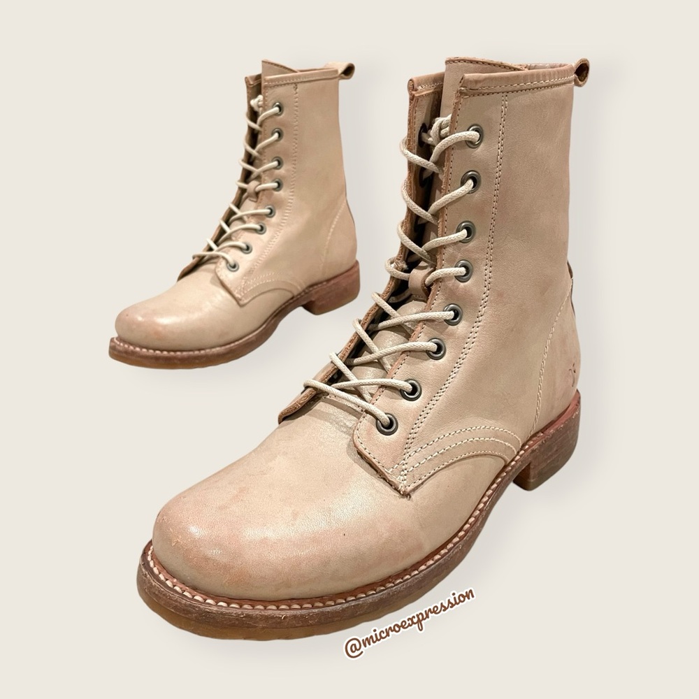 $399 Frye Veronica Combat Tan Cream Distressed Leather Lace Up Vintage Moto Boot - Picture 15 of 15
